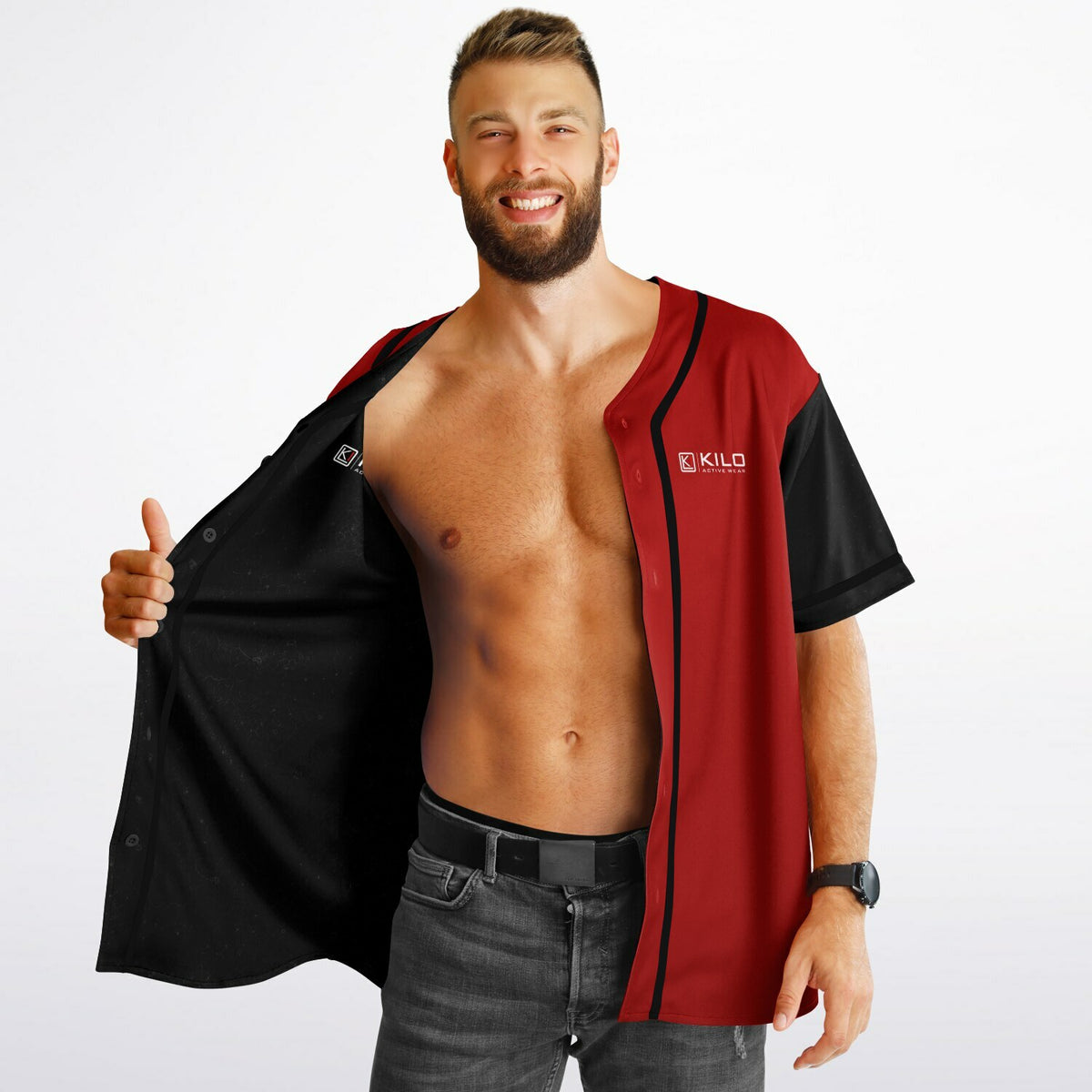 Man wearing Reversible K-Baseball Jersey - outside, side