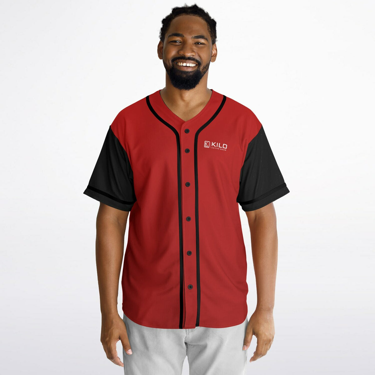 Man wearing Reversible K-Baseball Jersey - outside, front view