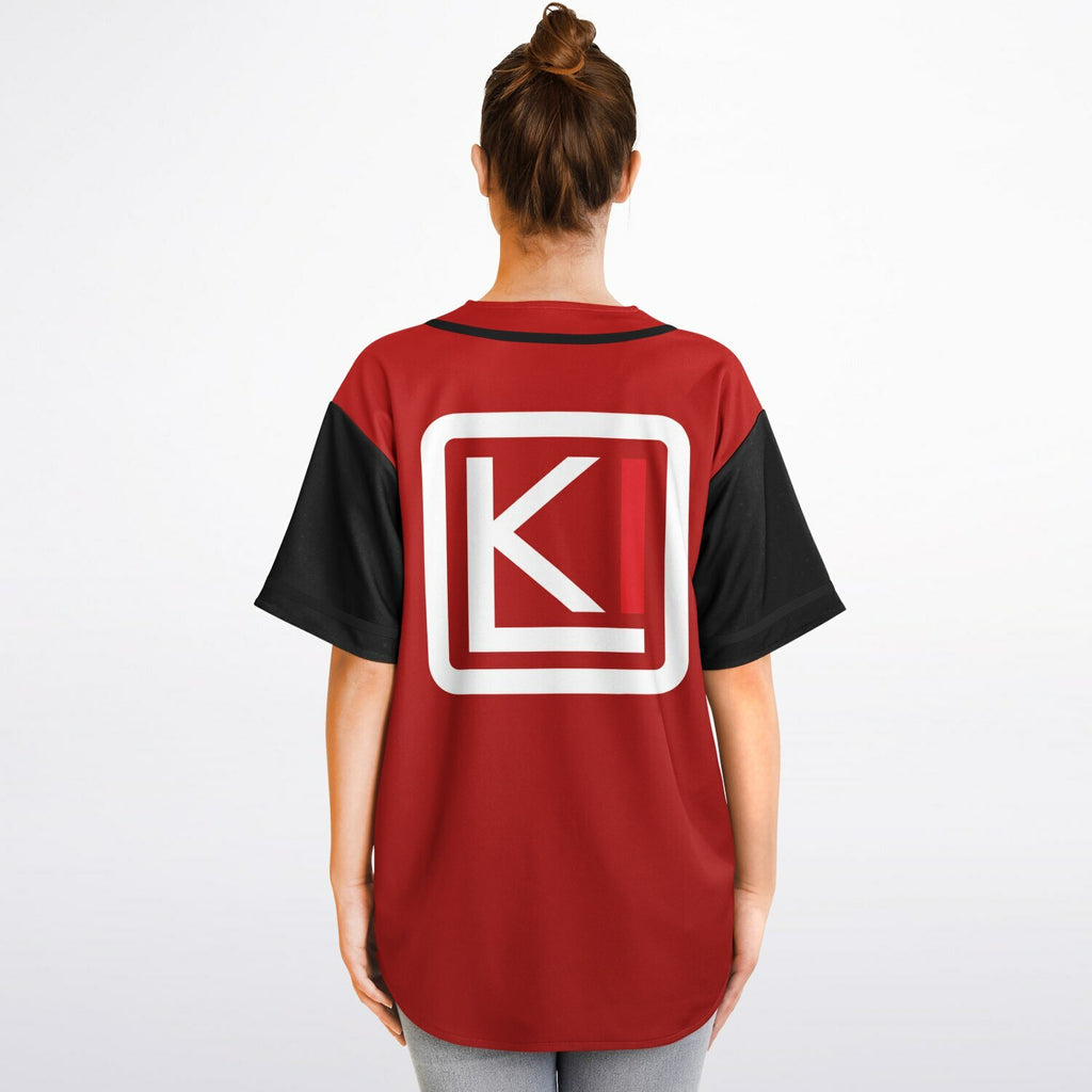 Woman wearing Reversible K-Baseball Jersey - outside, back view