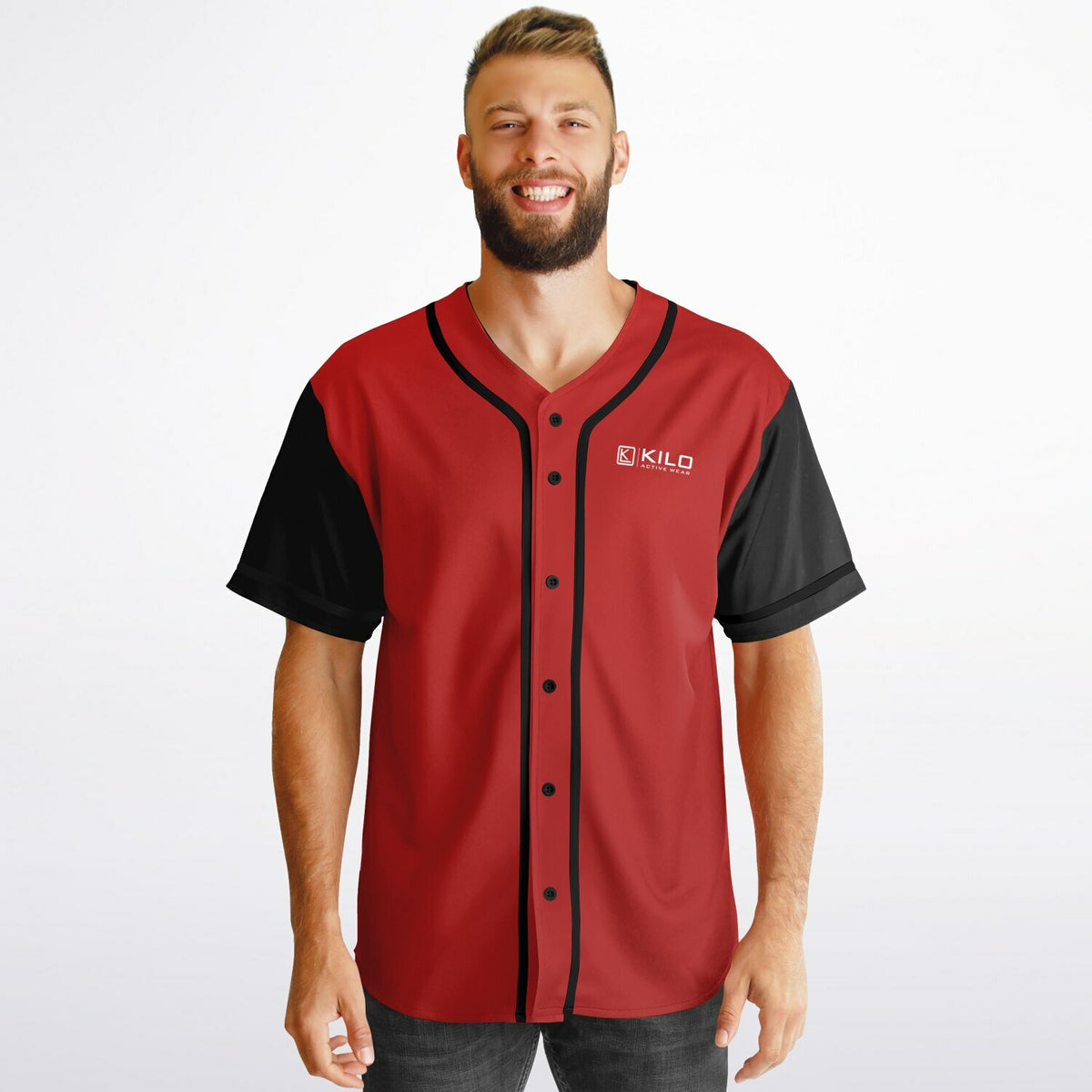 Man wearing Reversible K-Baseball Jersey - outside, front