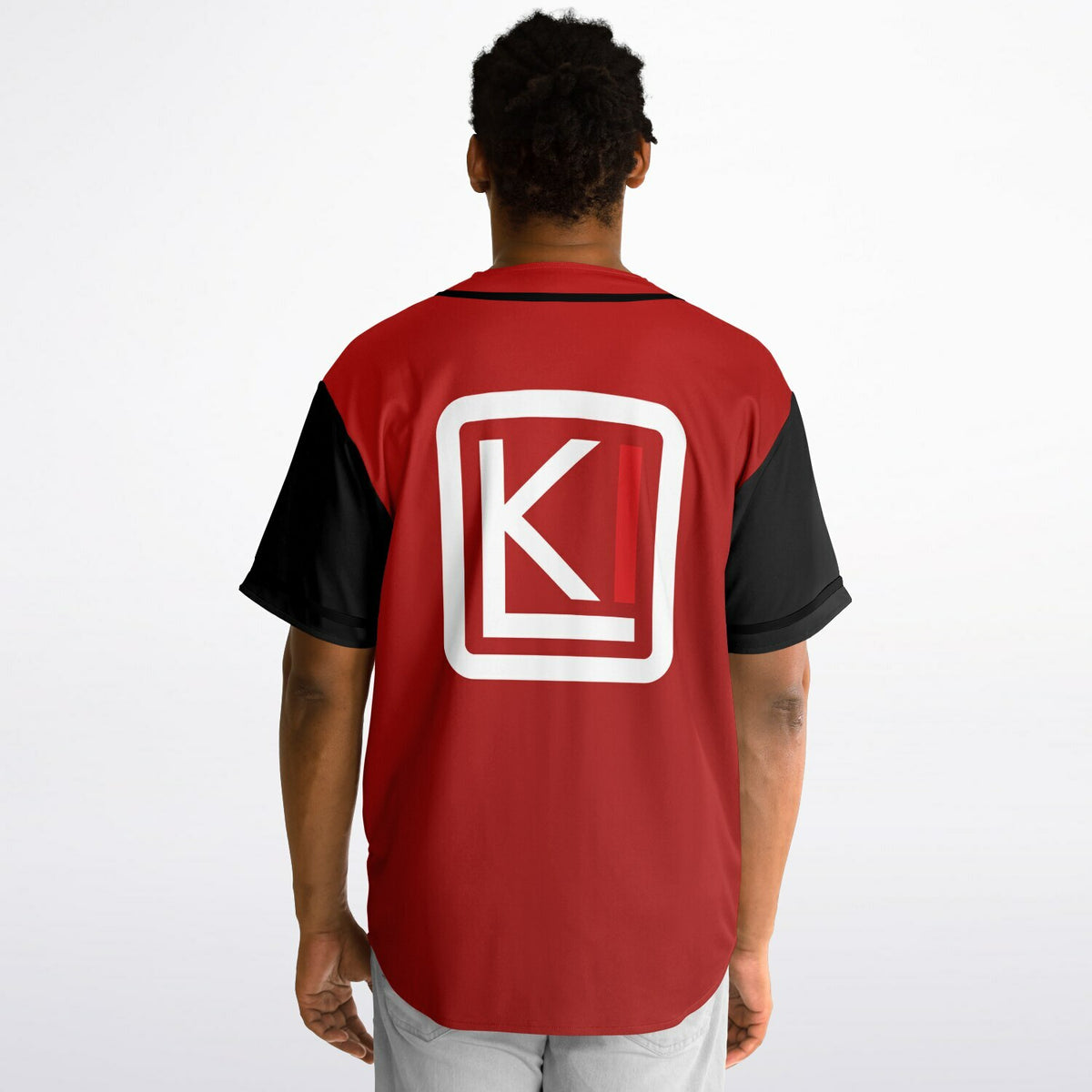 Man wearing Reversible K-Baseball Jersey - outside, back view