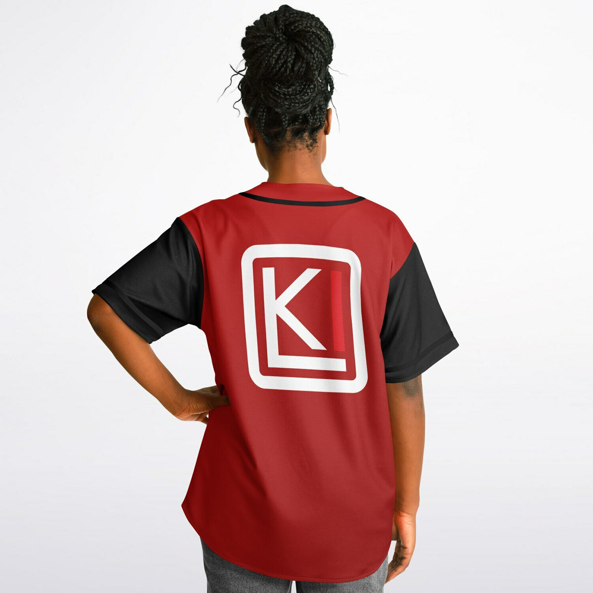 Woman wearing Reversible K-Baseball Jersey - outside, back