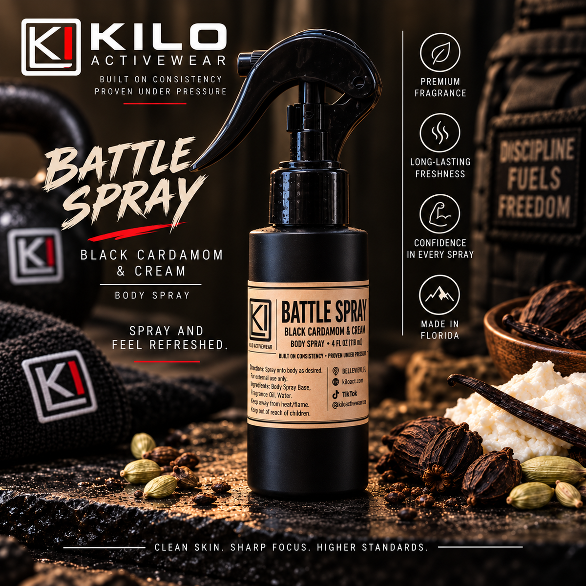 Battle Spray Black Cardamom & Cream Body Spray 4oz by Kilo Activewear