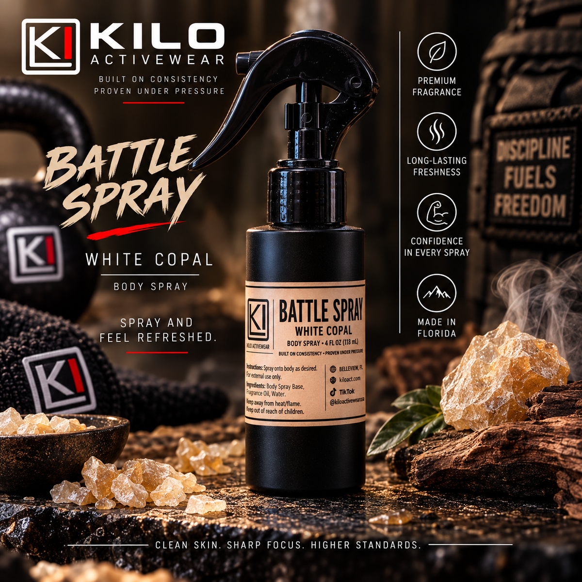 Battle Spray White Copal Body Spray 4oz by Kilo Activewear