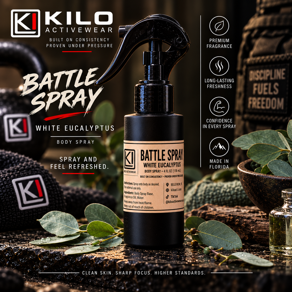 Battle Spray White Eucalyptus Body Spray 4oz by Kilo Activewear