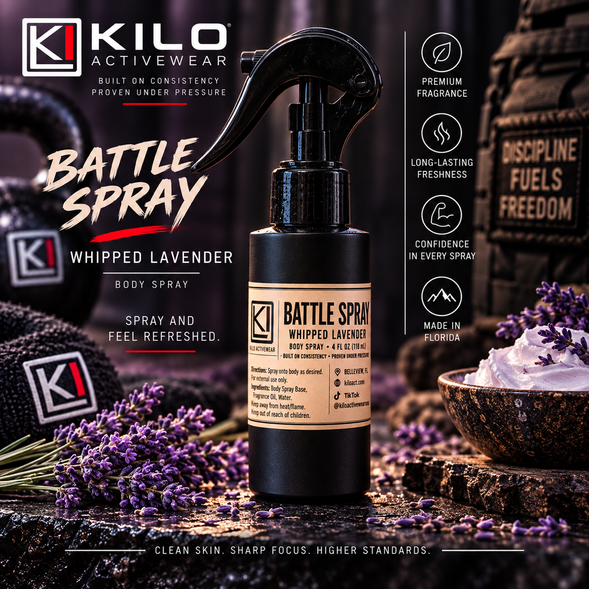 Battle Spray Whipped Lavender Body Spray 4oz by Kilo Activewear