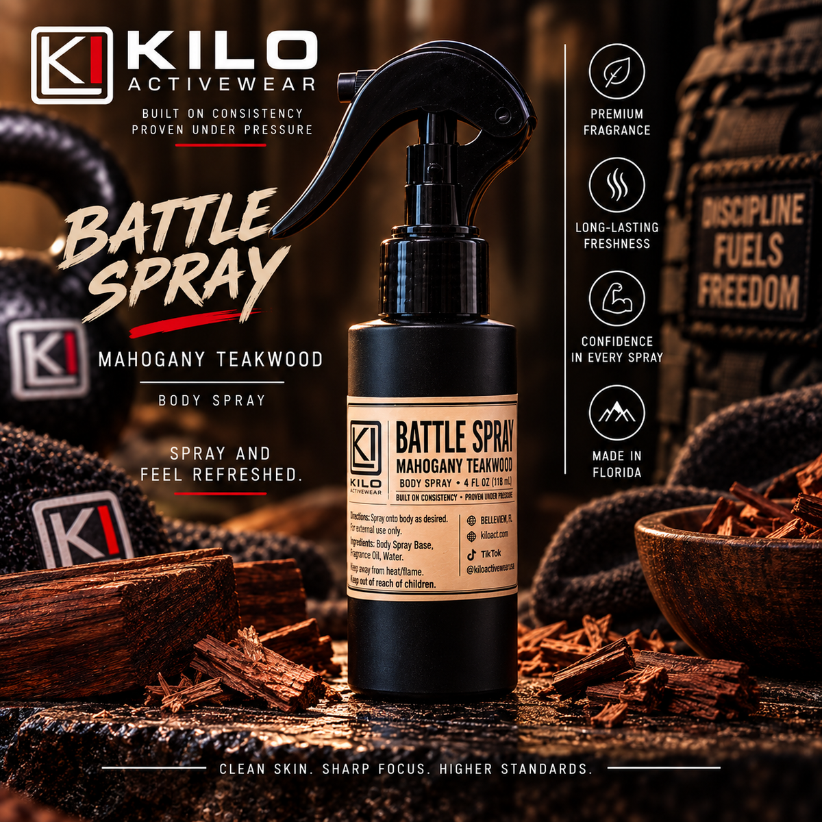 Battle Spray Mahogany Teakwood Body Spray 4oz by Kilo Activewear
