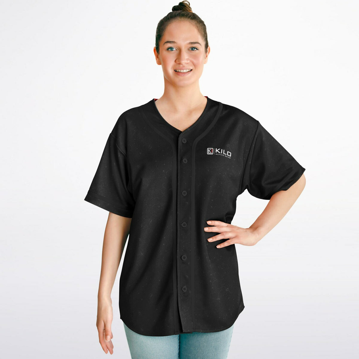 Woman wearing Reversible K-Baseball Jersey - inside, front