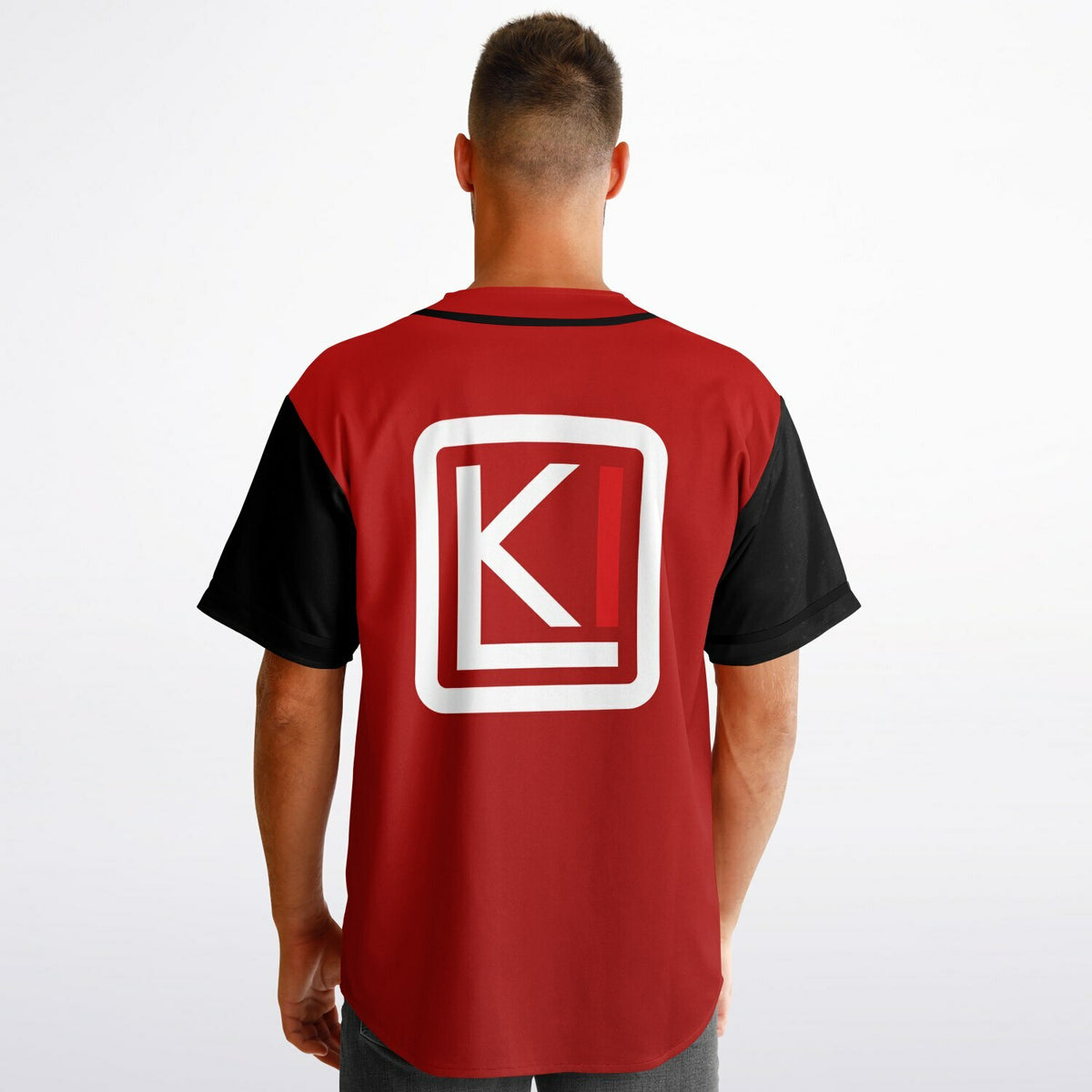Man wearing Reversible K-Baseball Jersey - outside, back