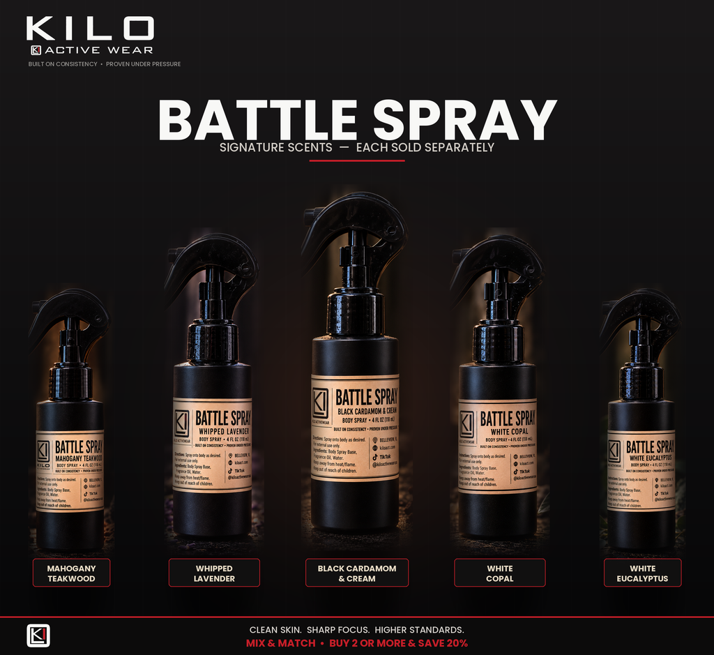 Battle Spray body spray lineup - Mahogany Teakwood, Whipped Lavender, Black Cardamom & Cream, White Copal, White Eucalyptus