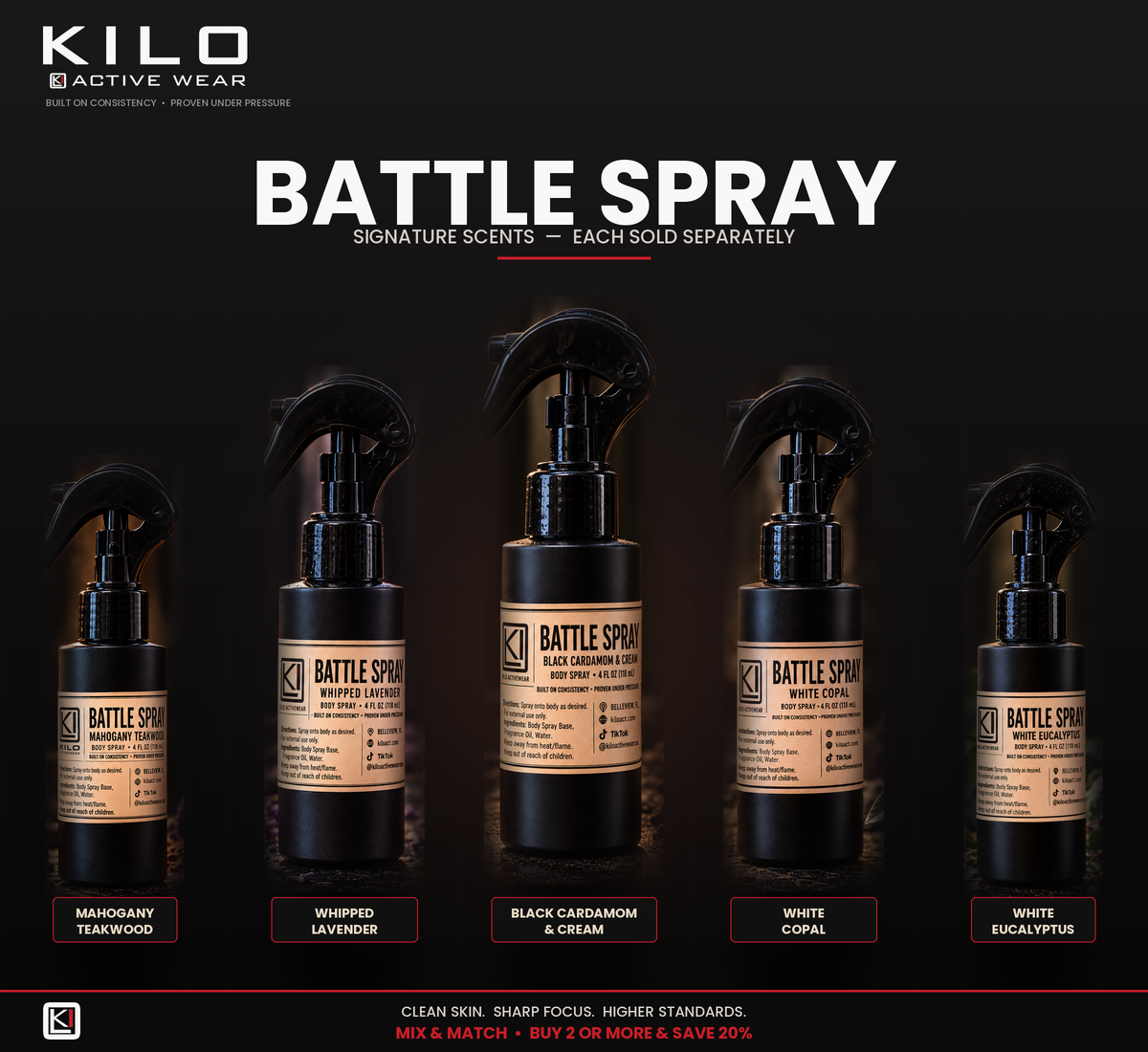 Battle Spray body spray lineup - Mahogany Teakwood, Whipped Lavender, Black Cardamom & Cream, White Copal, White Eucalyptus