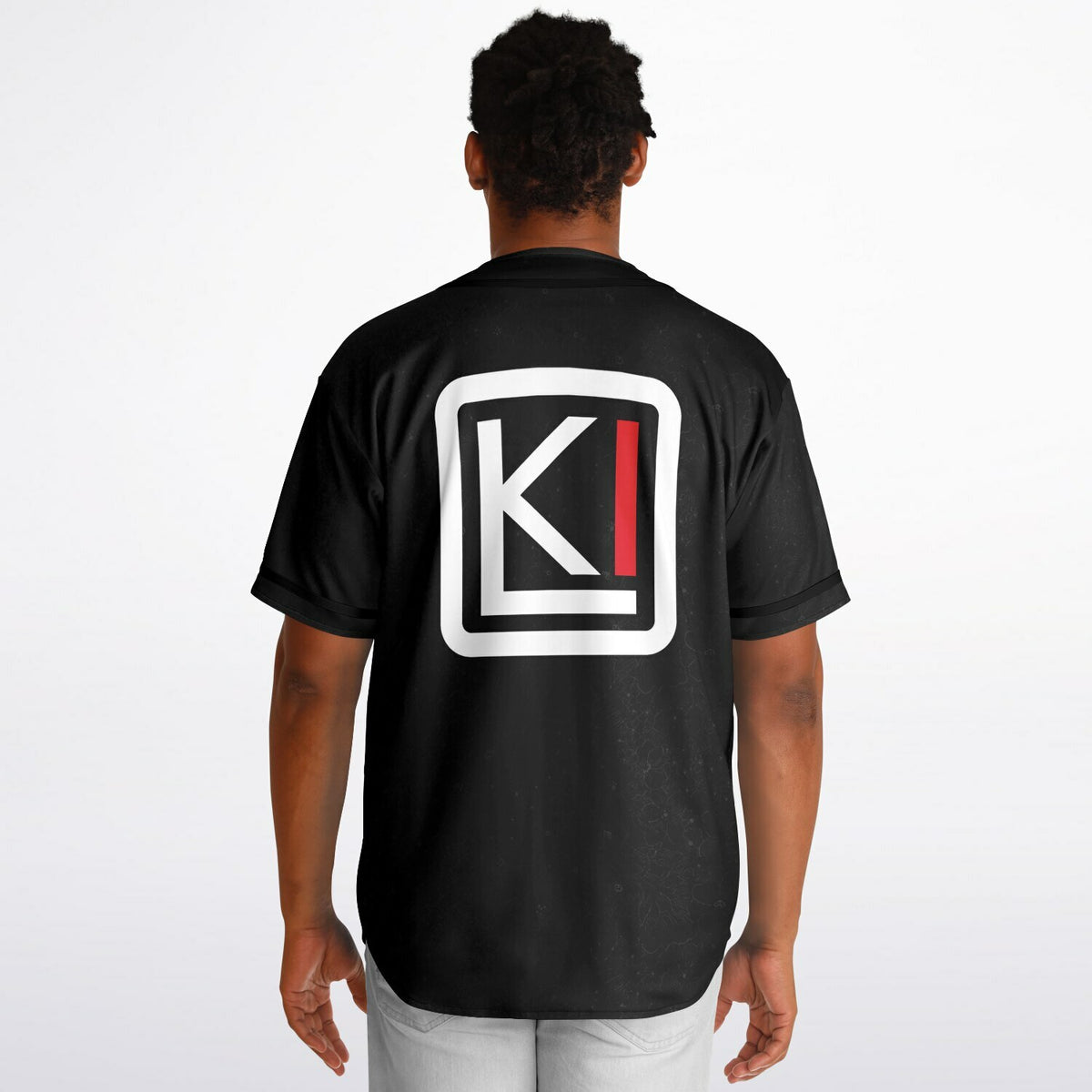 Man wearing Reversible K-Baseball Jersey - inside, back