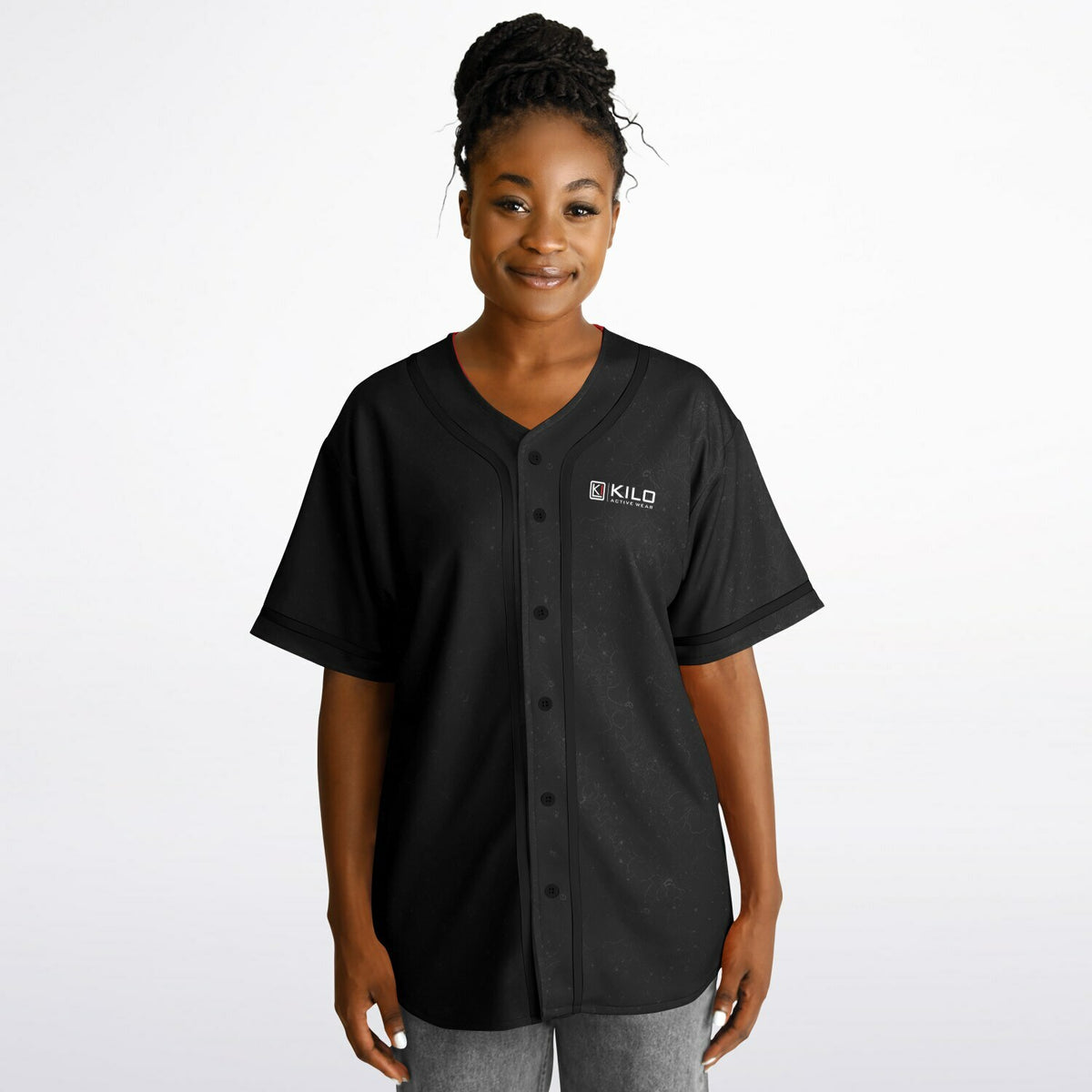 Woman wearing Reversible K-Baseball Jersey - inside, front view