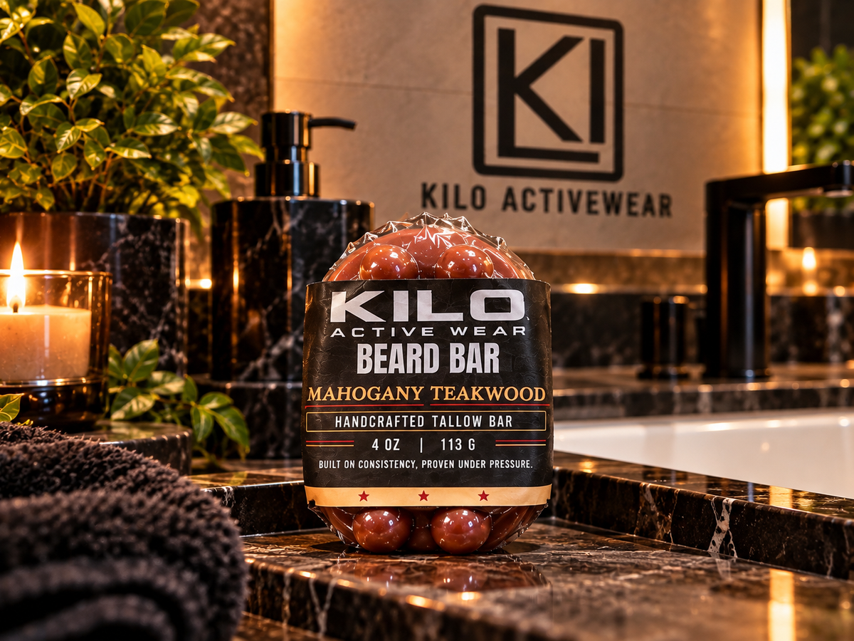 KILO Beard Bar handcrafted tallow beard soap, Mahogany Teakwood scent, 4 oz, by Kilo Activewear