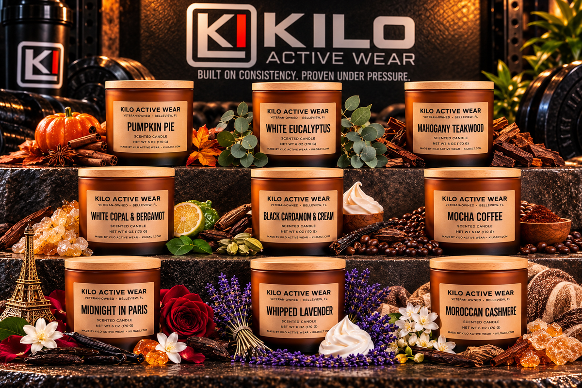 KILO Candles collection, all nine hand-poured soy candle scents by KILO Activewear