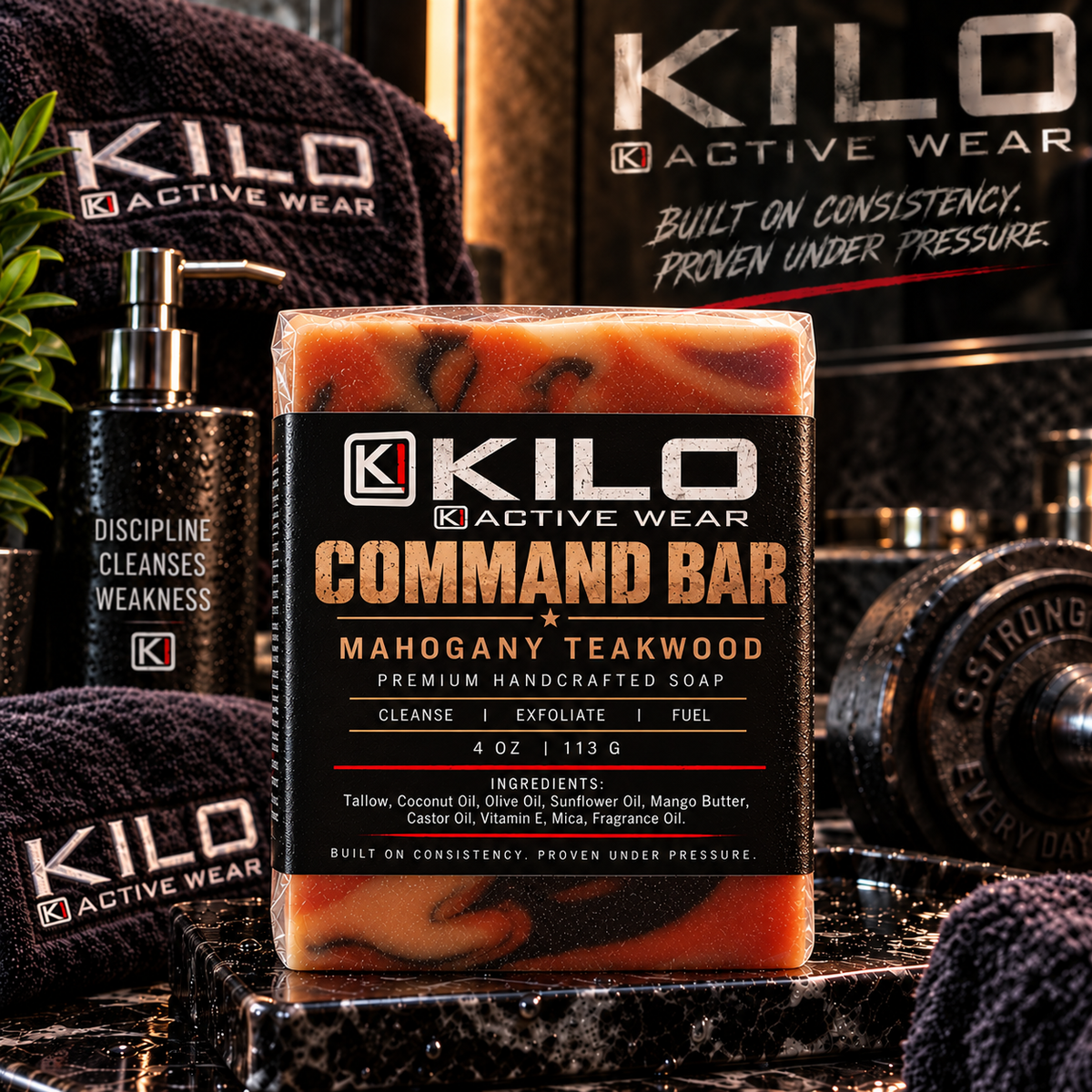 KILO Command Bar premium handcrafted mahogany teakwood soap, 4 oz, by Kilo Activewear