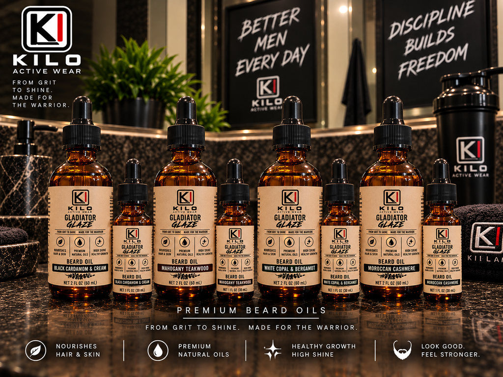 Gladiator Glaze Beard Oil 1 fl oz and 2 fl oz bottles, all 5 scents, by Kilo Activewear