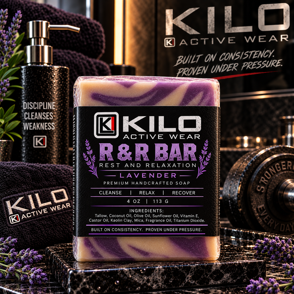 KILO R & R Bar rest and relaxation lavender handcrafted soap, 4 oz, by Kilo Activewear