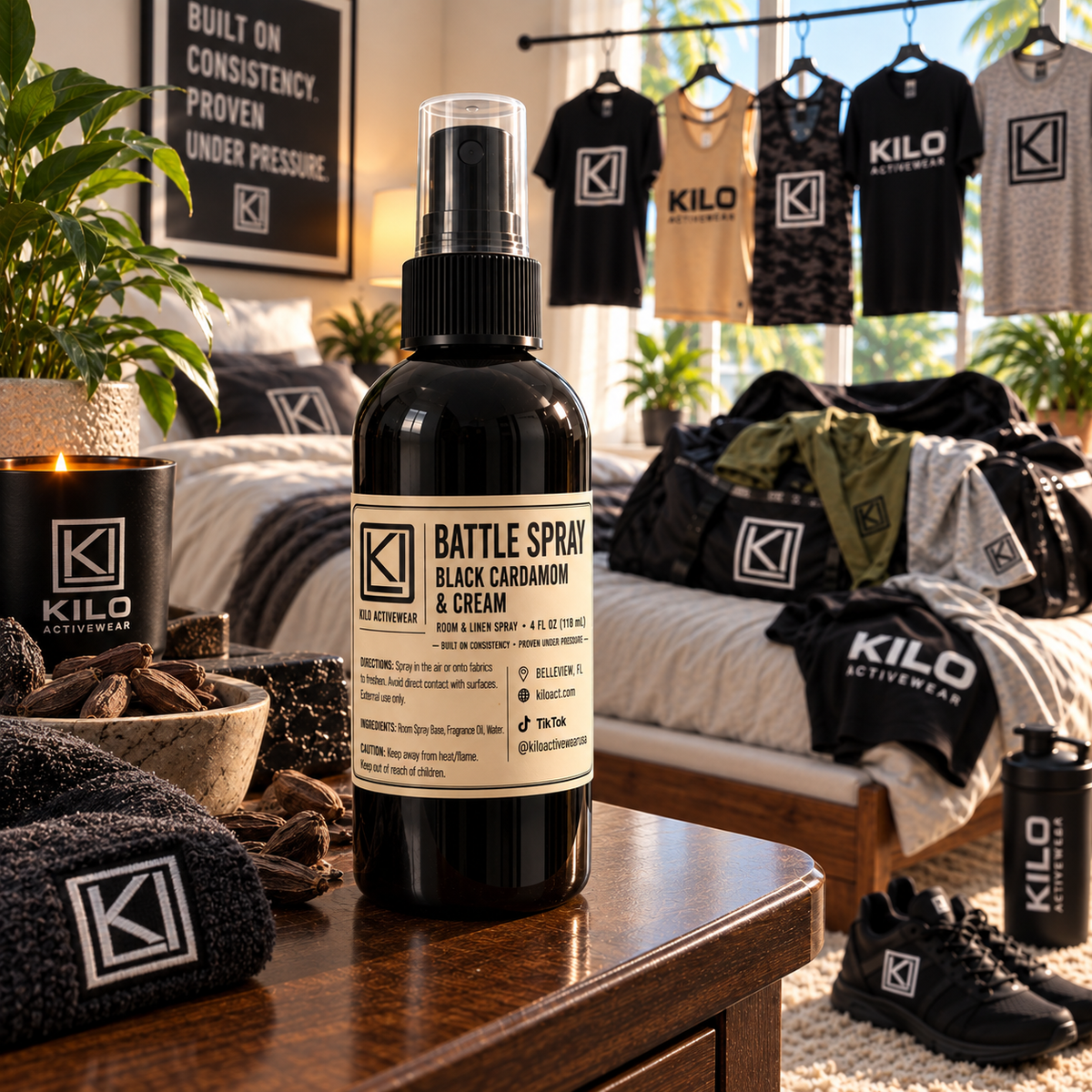 KILO Rooms & Linen Spray, Black Cardamom & Cream scent, by Kilo Activewear