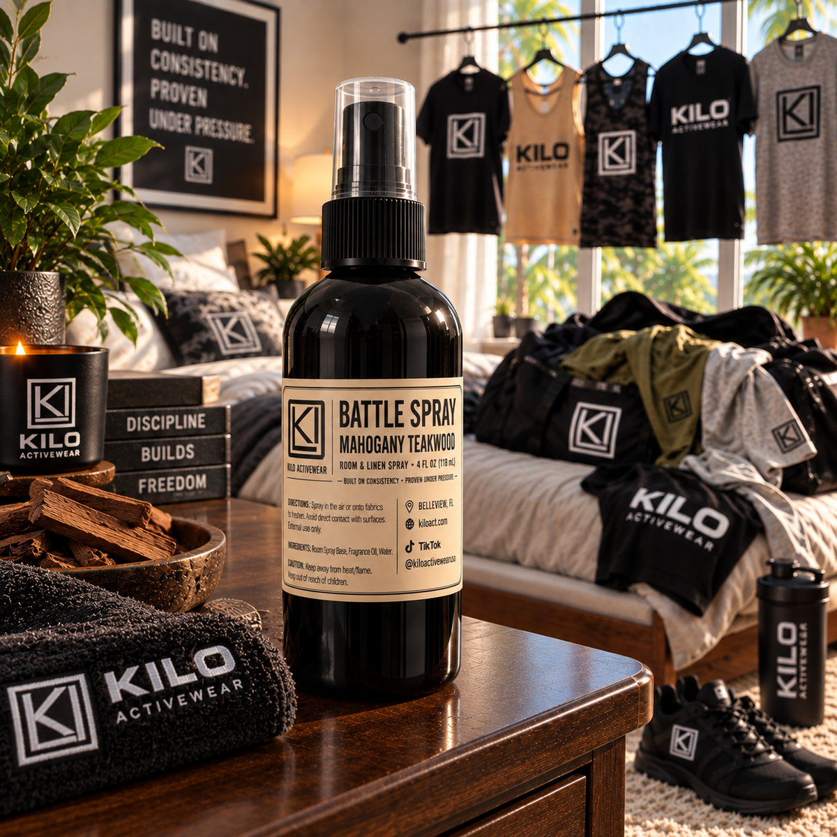 KILO Rooms & Linen Spray, Mahogany Teakwood scent, by Kilo Activewear