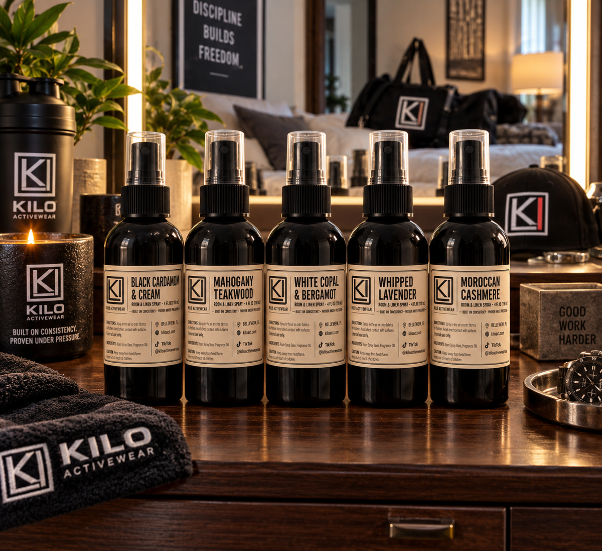KILO Rooms & Linen Spray, all 5 scents together, by Kilo Activewear