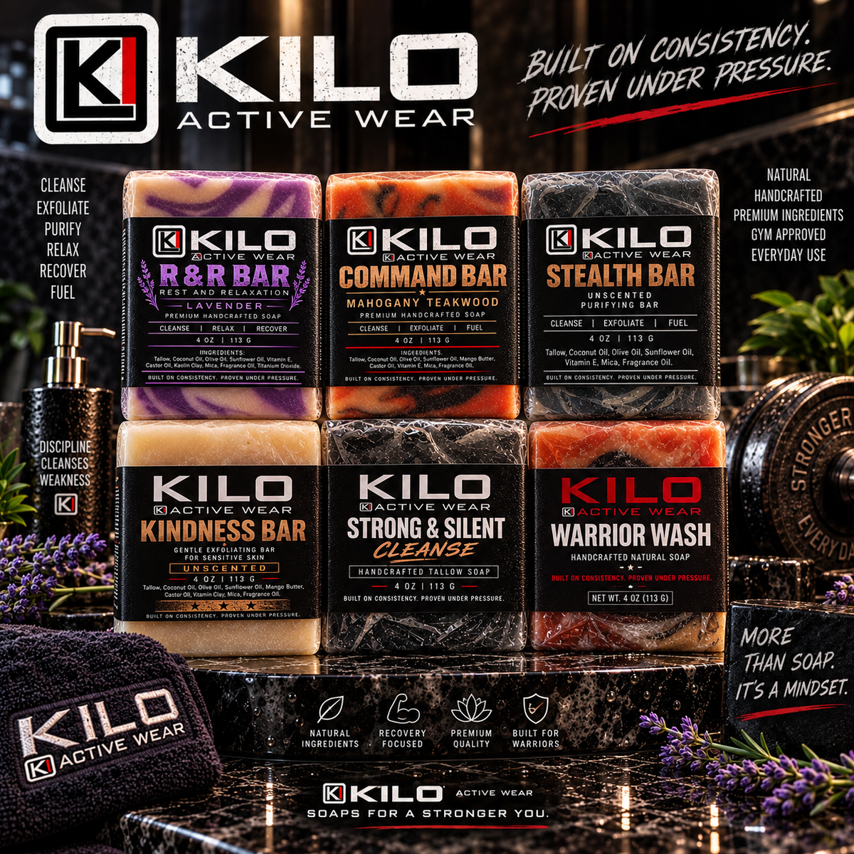 KILO Soap Bars six-bar handcrafted soap collection by Kilo Activewear — Stealth, Kindness, Strong & Silent Cleanse, Warrior Wash, Command Bar, and R & R Bar