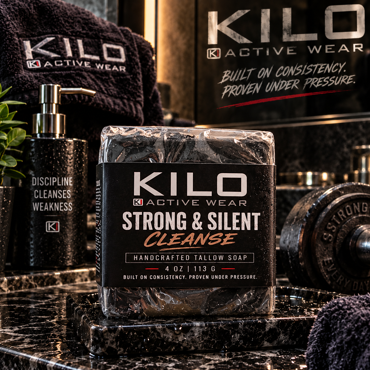 KILO Strong & Silent Cleanse handcrafted tallow soap with black cardamom and cream, 4 oz, by Kilo Activewear