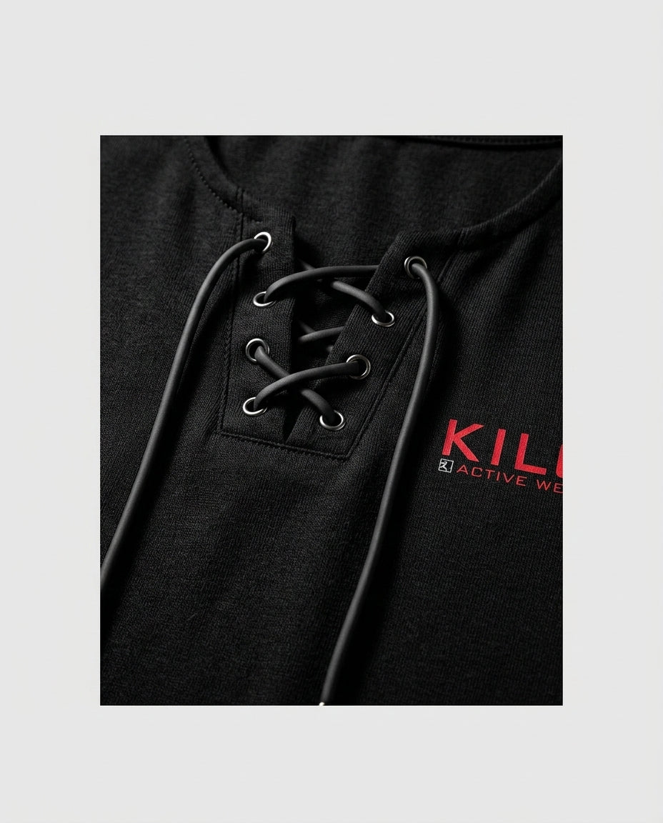 Men's Lace-up Tank Top — Neckline and Logo Detail | Generated by Modelize