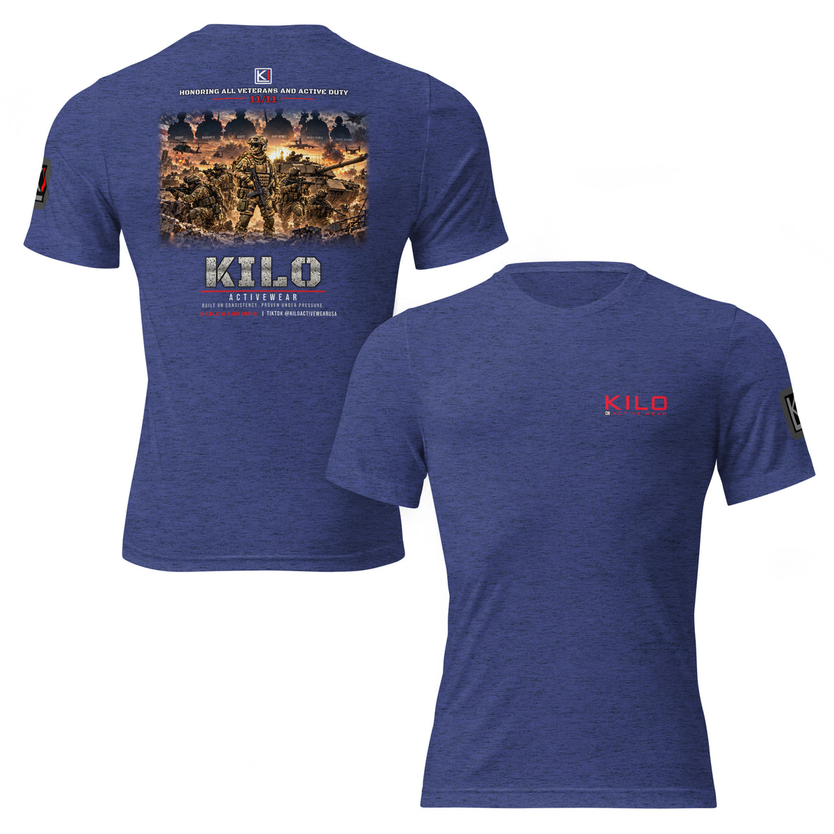 KILO Veterans Day Tri-Blend Tee – Black, Navy & Red in Navy Tri-Blend, front and back view – veteran-owned Kilo Activewear