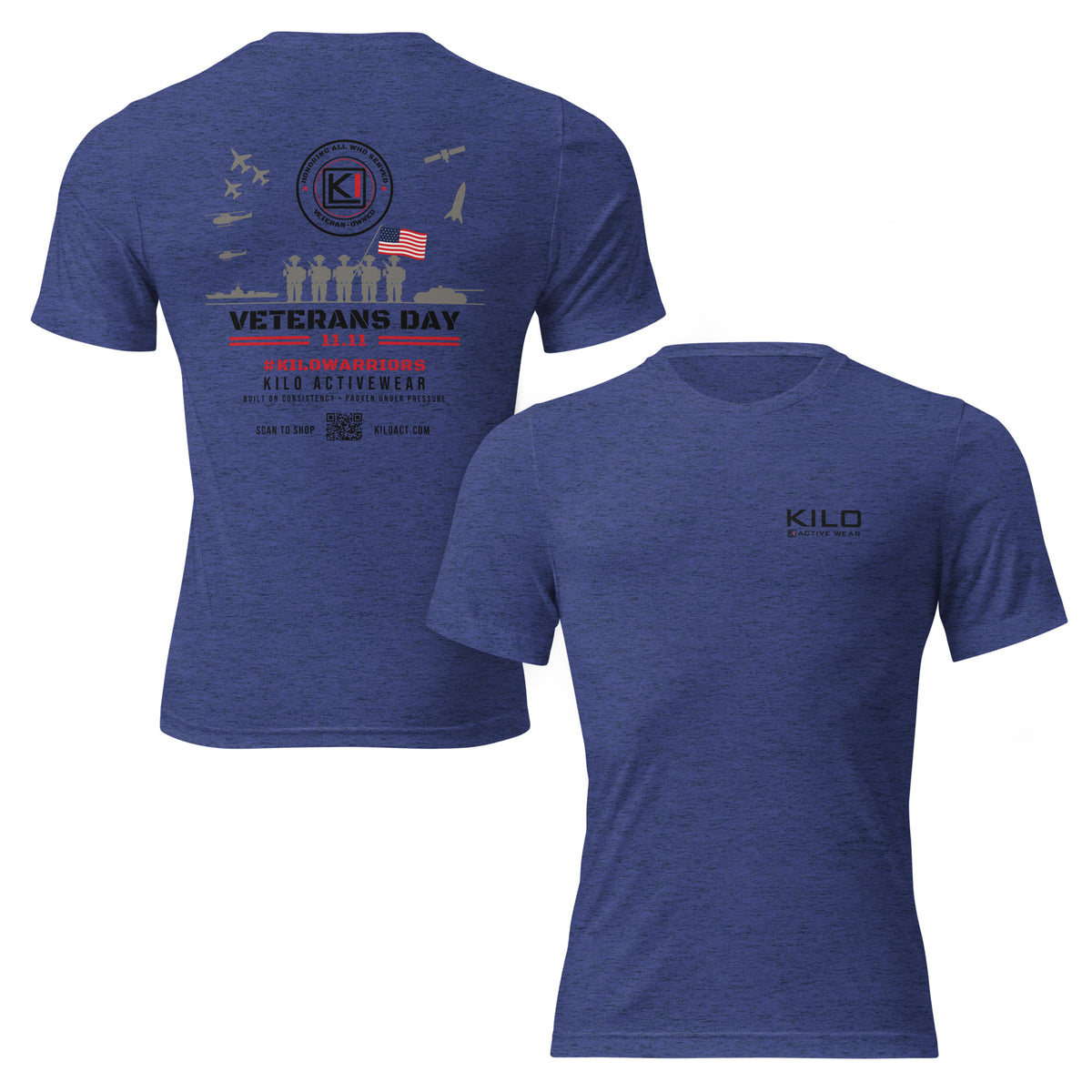 KILO Veterans Day Tri-Blend Tee in Navy Tri-Blend, front and back view – veteran-owned Kilo Activewear