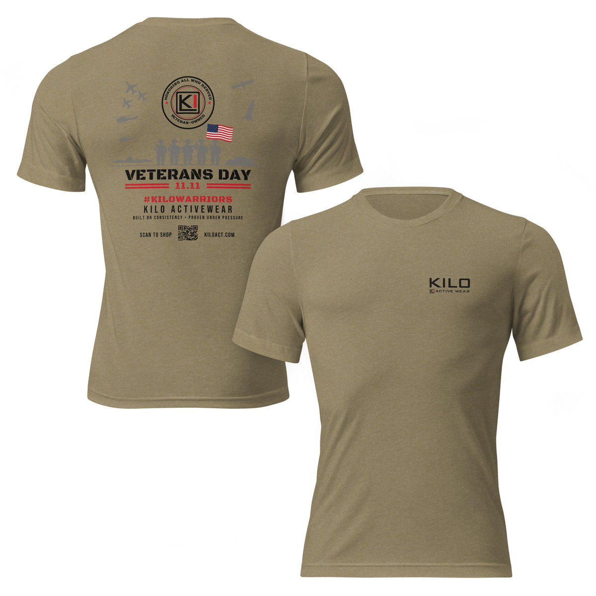 KILO Veterans Day Tri-Blend Tee in Olive Tri-Blend, front and back view – veteran-owned Kilo Activewear