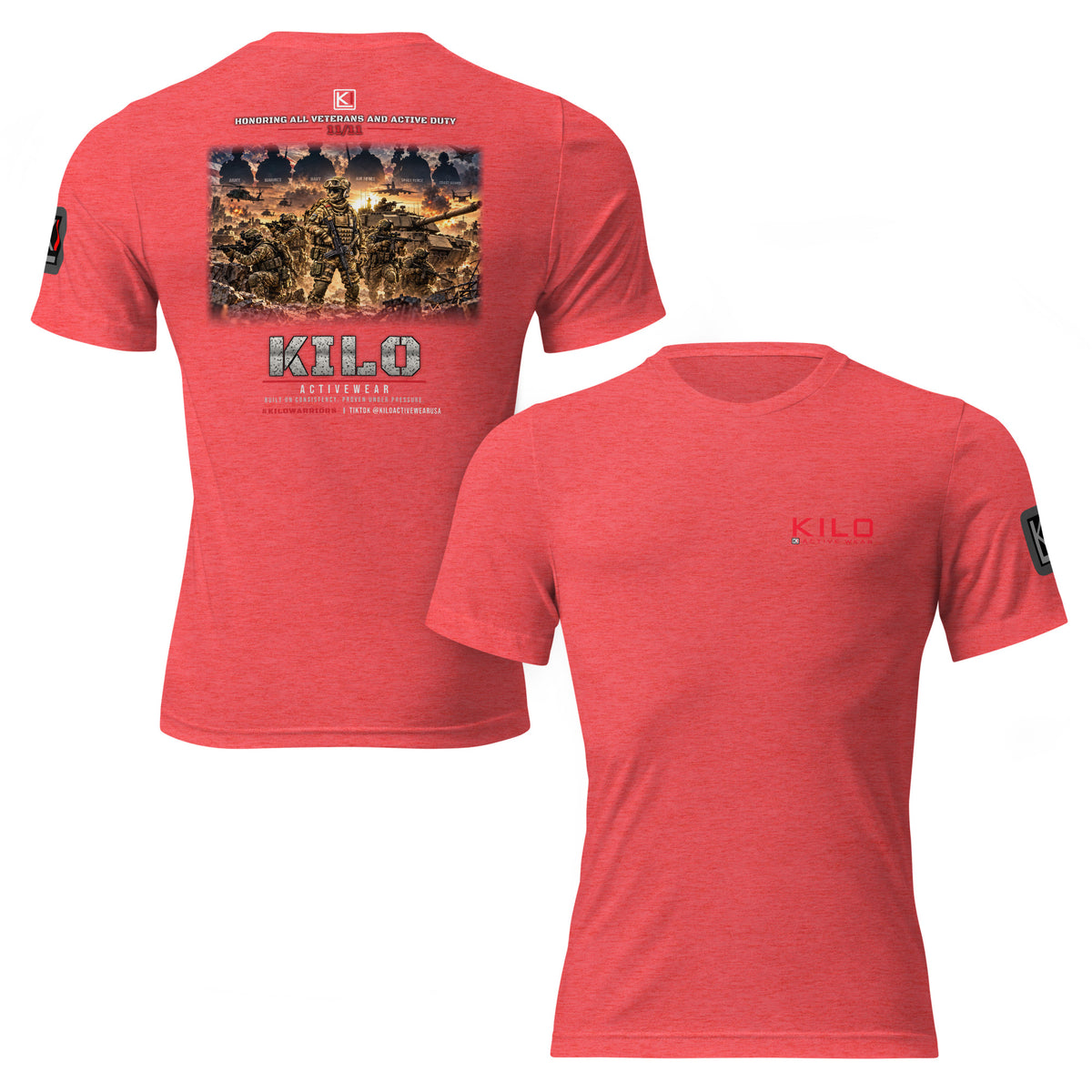 KILO Veterans Day Tri-Blend Tee – Black, Navy & Red in Red Tri-Blend, front and back view – veteran-owned Kilo Activewear