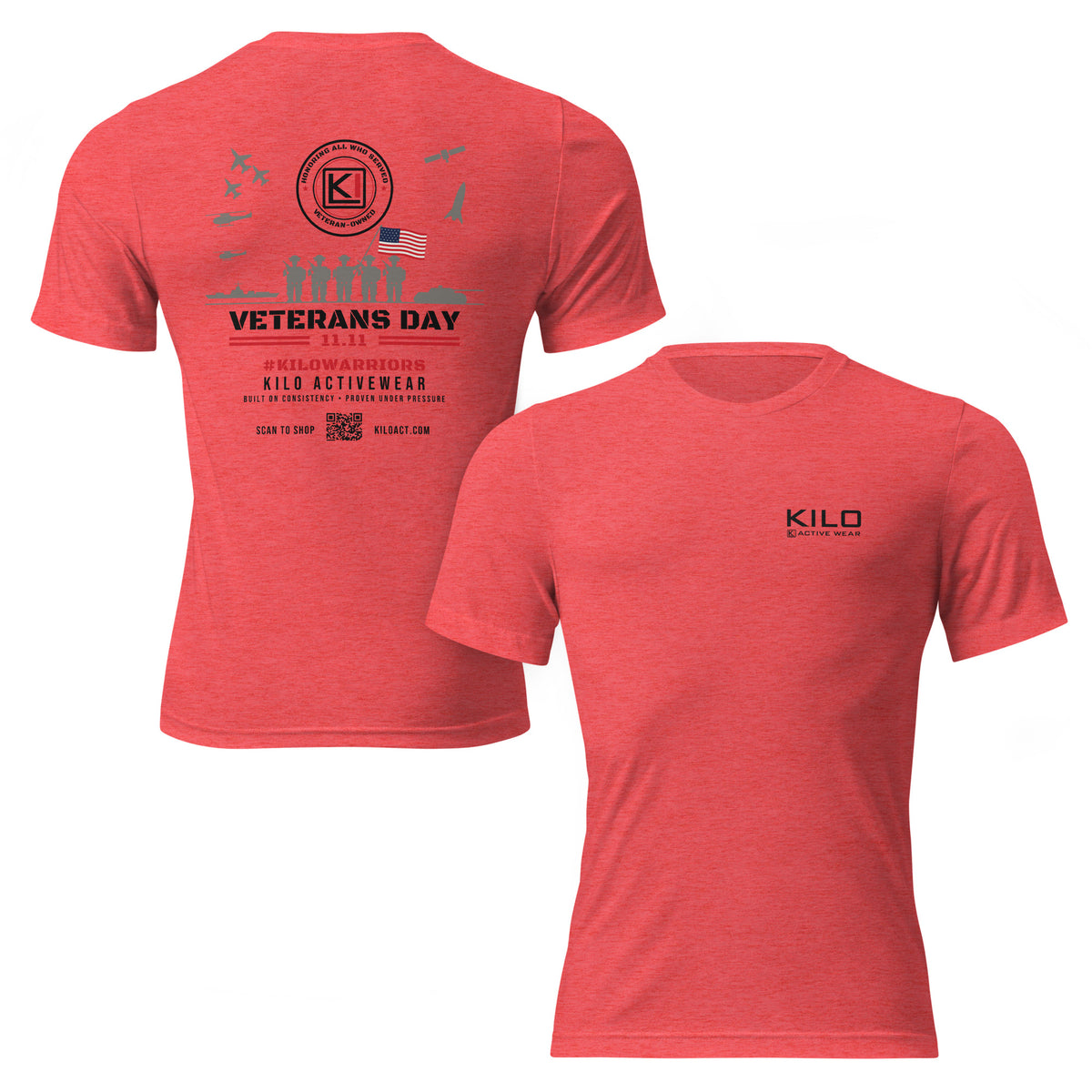 KILO Veterans Day Tri-Blend Tee in Red Tri-Blend, front and back view – veteran-owned Kilo Activewear