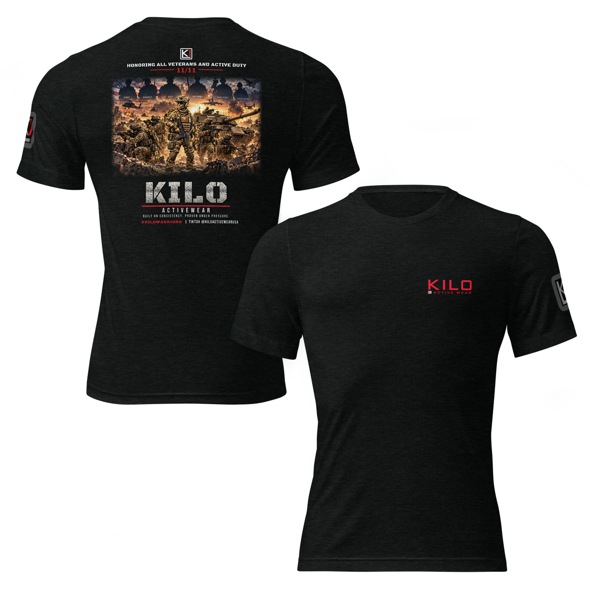 KILO Veterans Day Tri-Blend Tee – Black, Navy & Red in Solid Black Tri-Blend, front and back view – veteran-owned Kilo Activewear