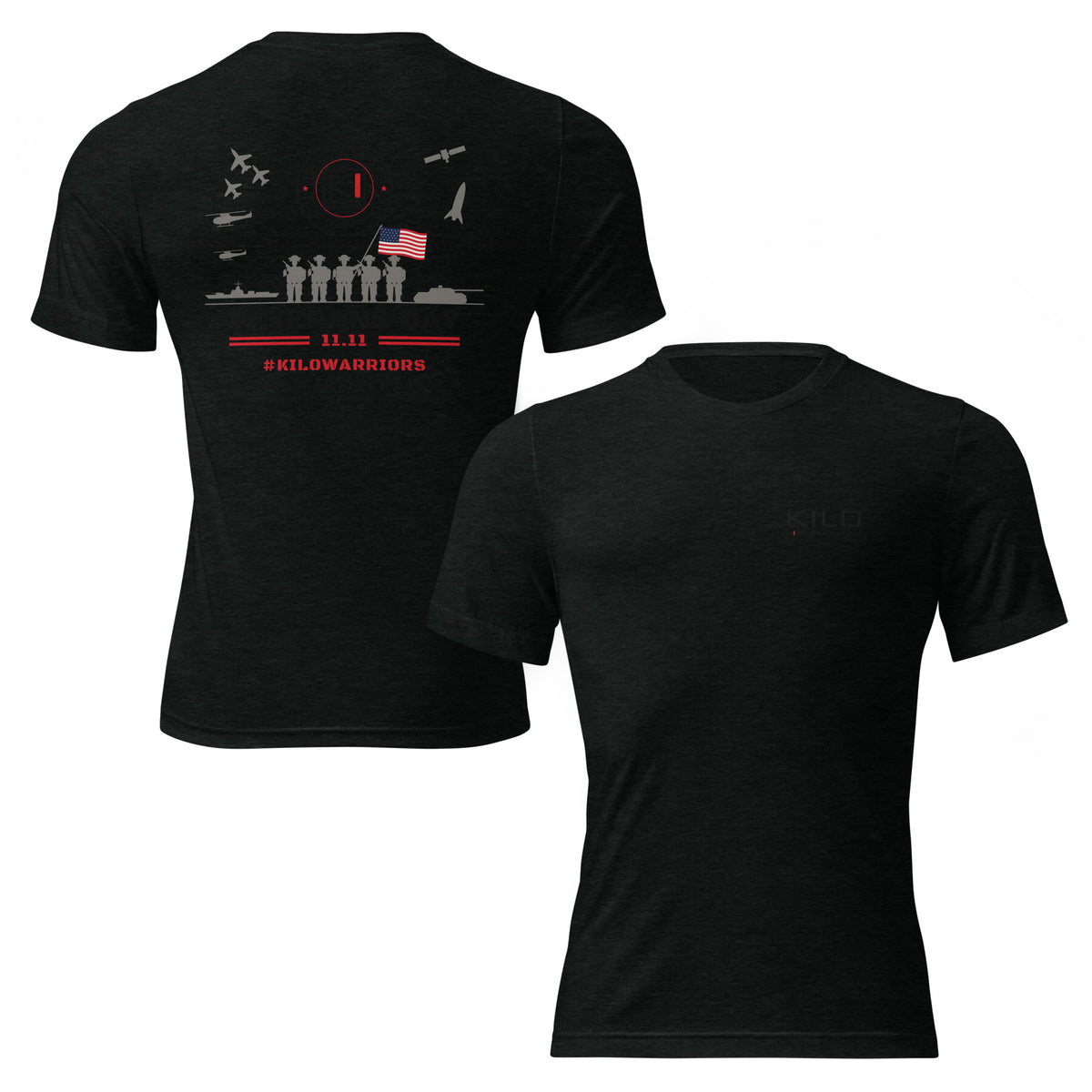 KILO Veterans Day Tri-Blend Tee in Solid Black Tri-Blend, front and back view – veteran-owned Kilo Activewear
