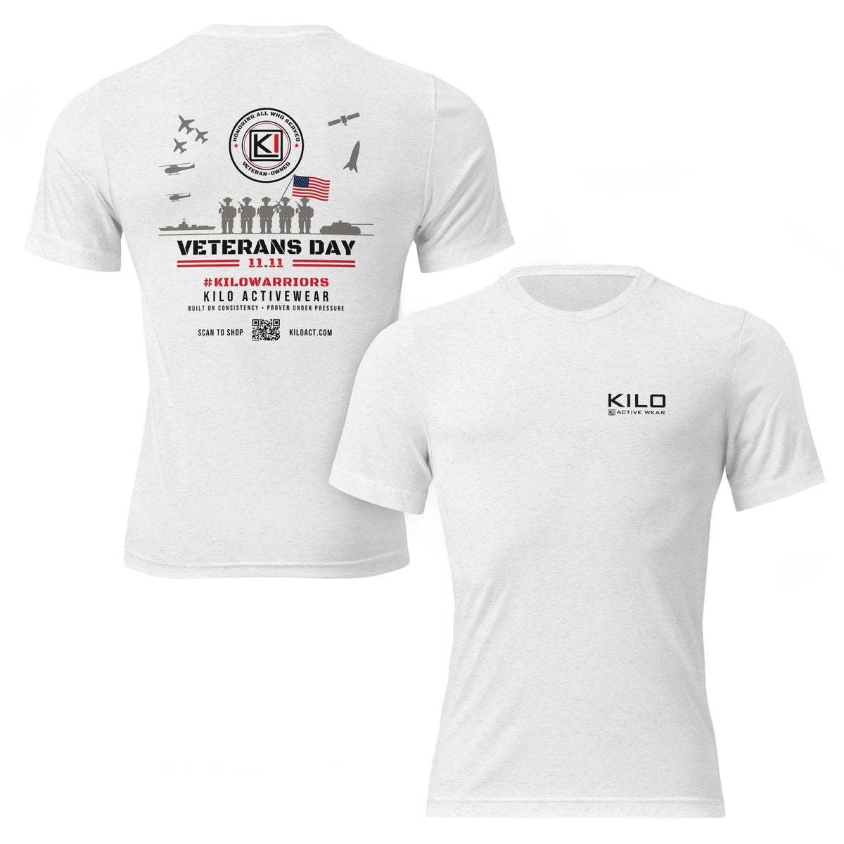 KILO Veterans Day Tri-Blend Tee in Solid White Tri-Blend, front and back view – veteran-owned Kilo Activewear