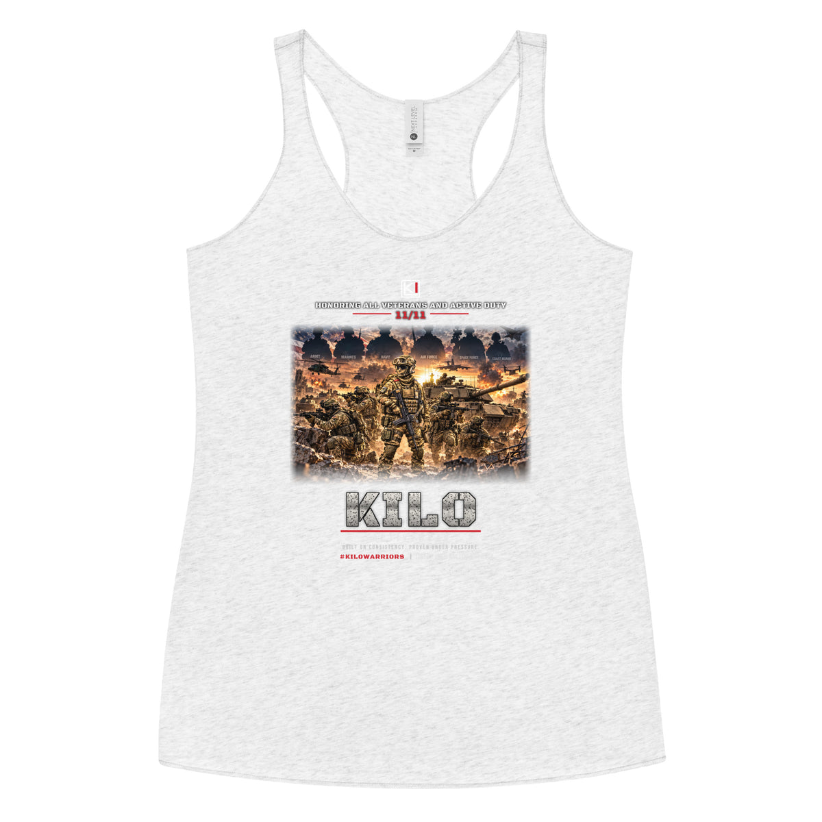 KILO Veterans Day Women's Racerback Tank – Patriot Colors in Heather White, front view – veteran-owned Kilo Activewear