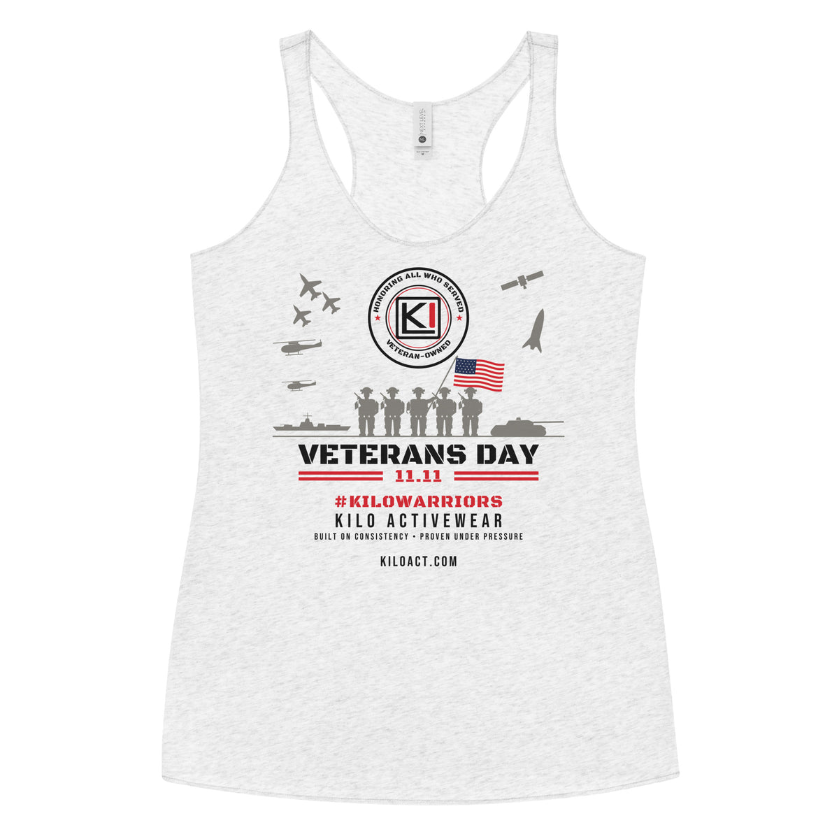 KILO Veterans Day Women's Racerback Tank in Heather White, front view – veteran-owned Kilo Activewear