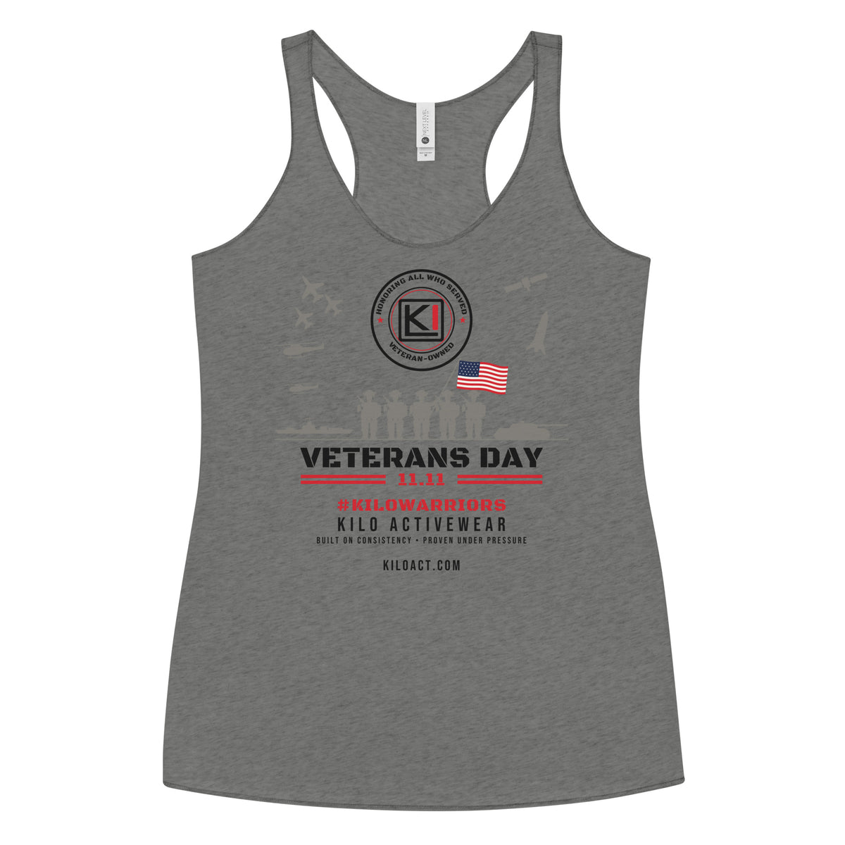 KILO Veterans Day Women's Racerback Tank in Premium Heather, front view – veteran-owned Kilo Activewear