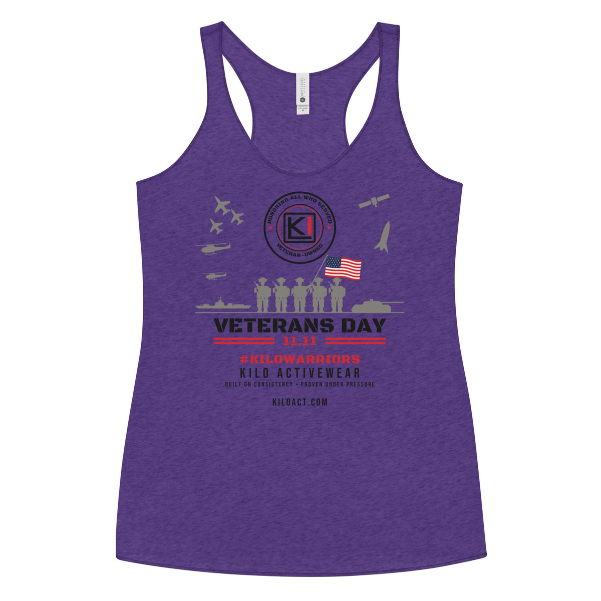 KILO Veterans Day Women's Racerback Tank in Purple Rush, front view – veteran-owned Kilo Activewear