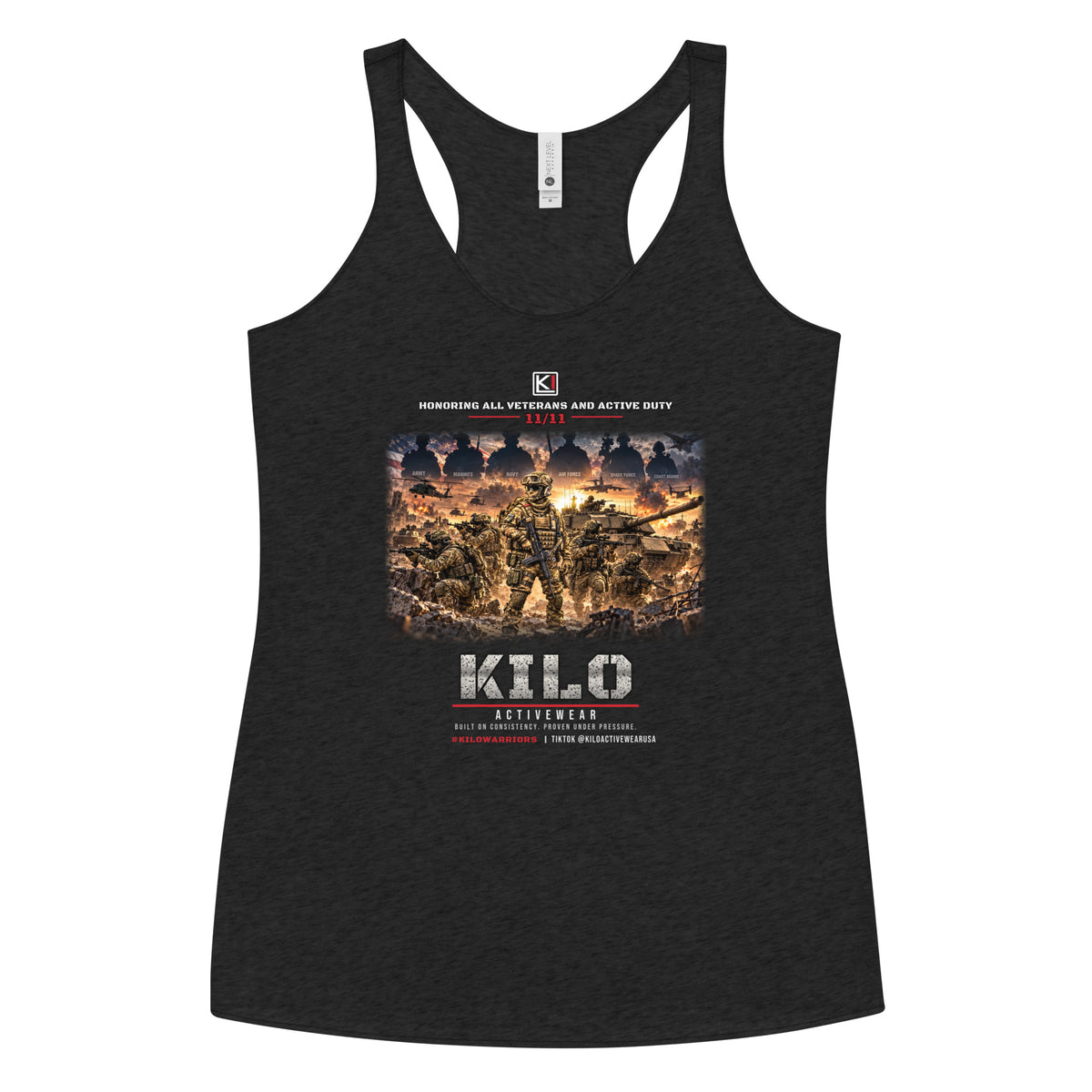 KILO Veterans Day Women's Racerback Tank – Patriot Colors in Vintage Black, front view – veteran-owned Kilo Activewear