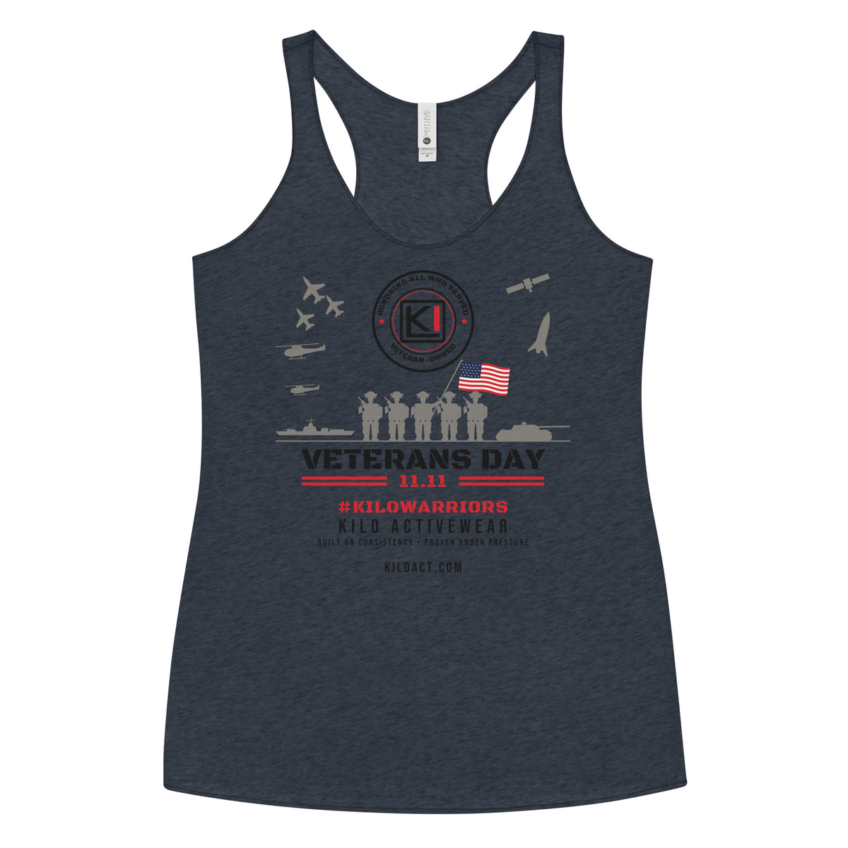 KILO Veterans Day Women's Racerback Tank in Vintage Navy, front view – veteran-owned Kilo Activewear