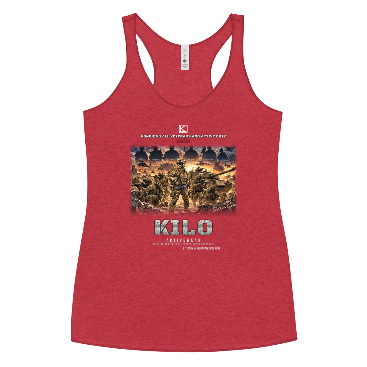 KILO Veterans Day Women's Racerback Tank – Patriot Colors in Vintage Red, front view – veteran-owned Kilo Activewear