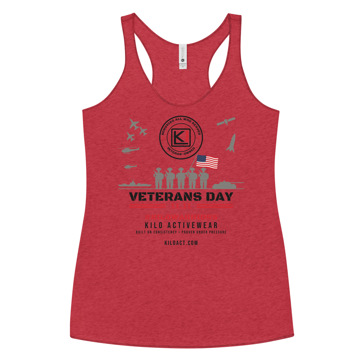 KILO Veterans Day Women's Racerback Tank in Vintage Red, front view – veteran-owned Kilo Activewear