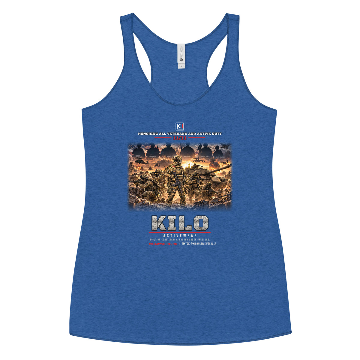 KILO Veterans Day Women's Racerback Tank – Patriot Colors in Vintage Royal, front view – veteran-owned Kilo Activewear