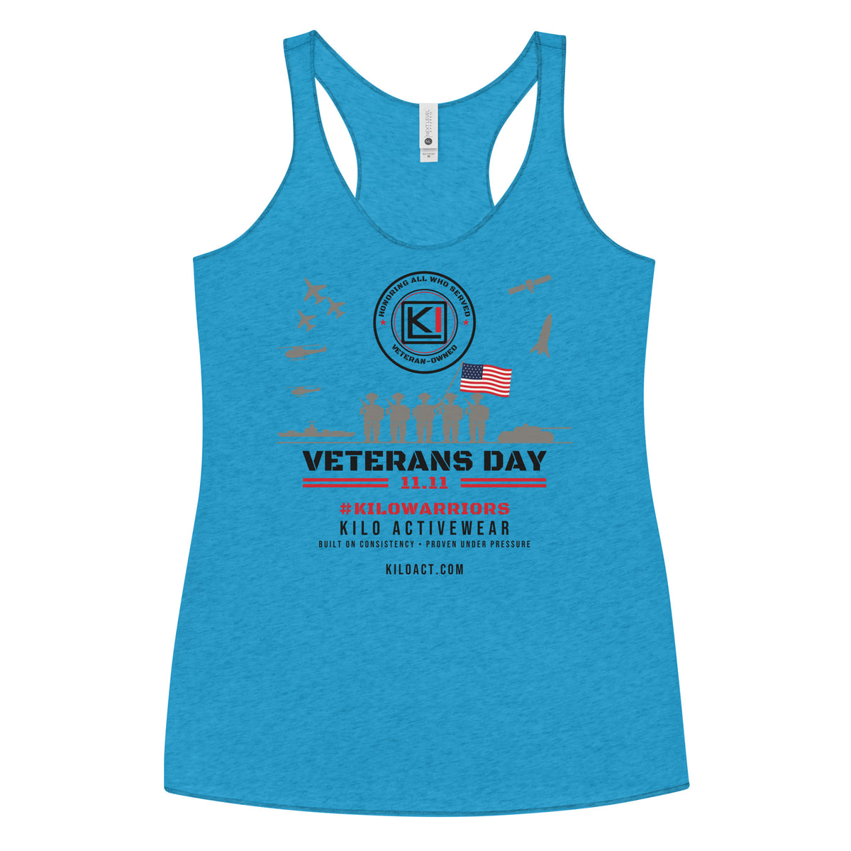 KILO Veterans Day Women's Racerback Tank in Vintage Turquoise, front view – veteran-owned Kilo Activewear