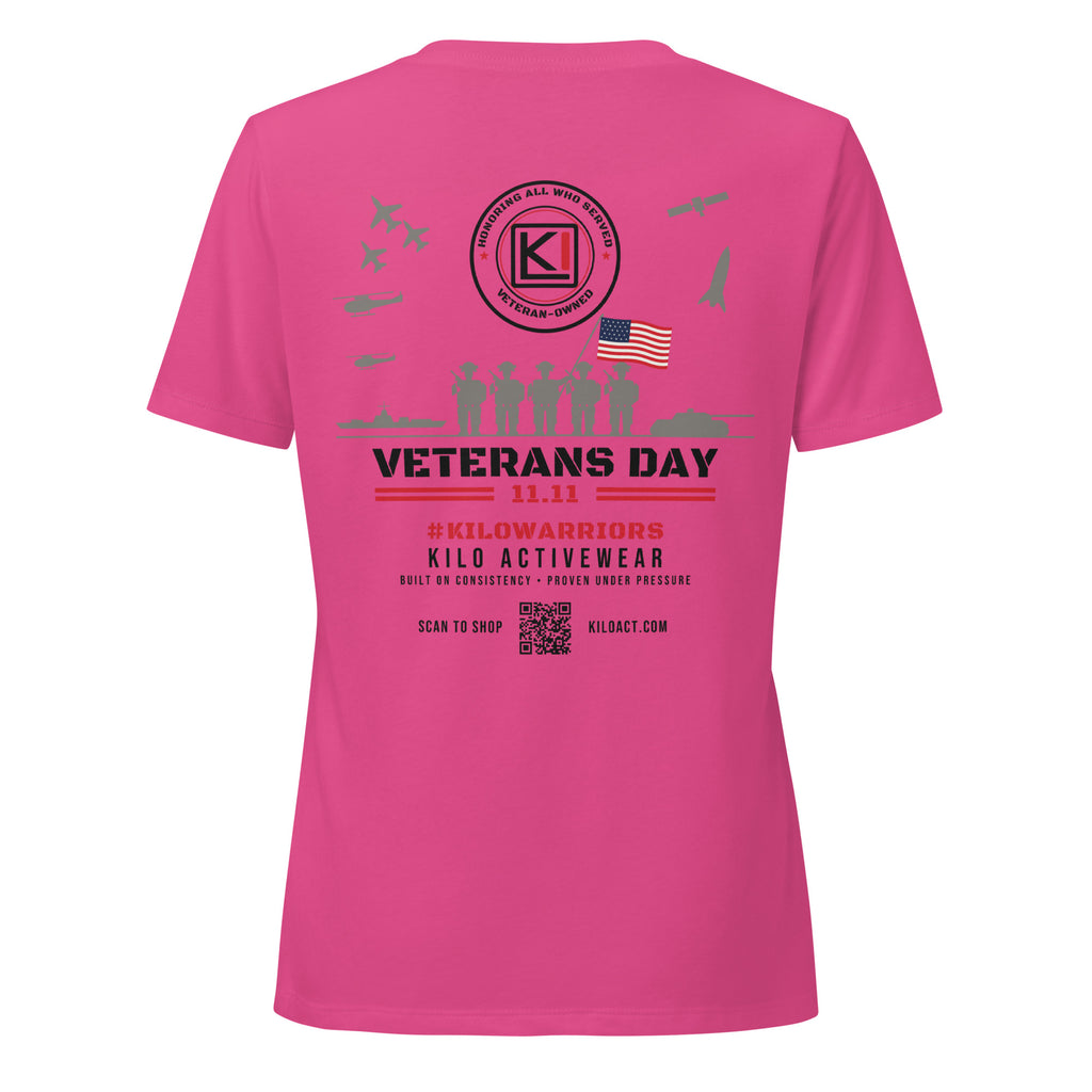 KILO Veterans Day Women's Relaxed V-Neck Tee in Berry, back view – veteran-owned Kilo Activewear