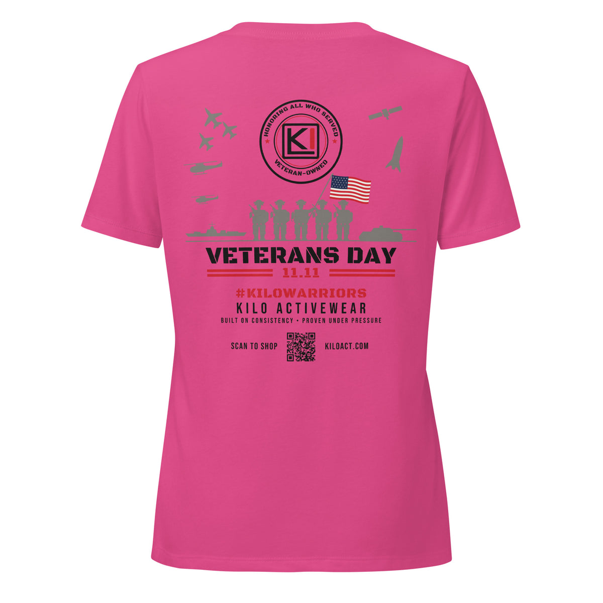KILO Veterans Day Women's Relaxed V-Neck Tee in Berry, back view – veteran-owned Kilo Activewear