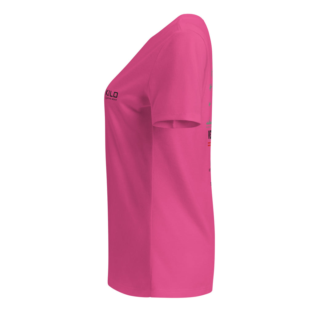 KILO Veterans Day Women's Relaxed V-Neck Tee in Berry, left view – veteran-owned Kilo Activewear