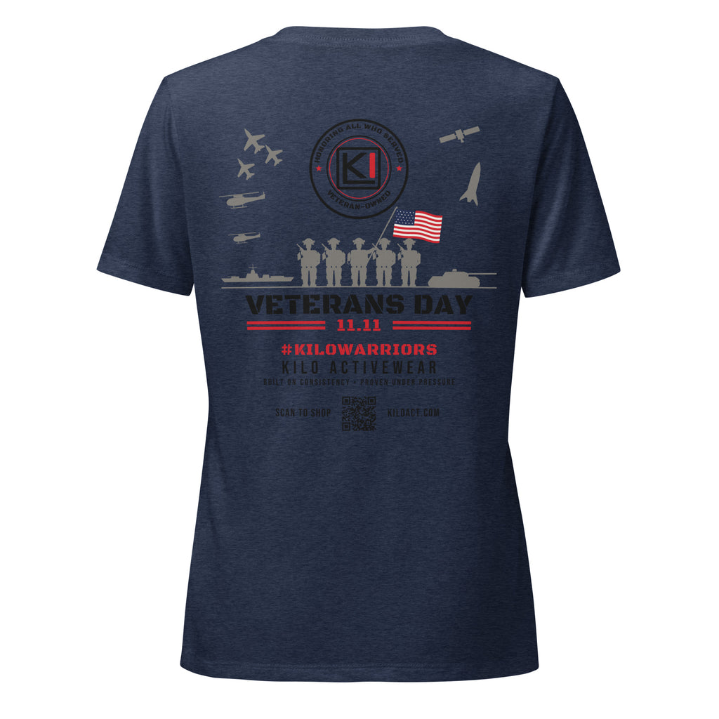KILO Veterans Day Women's Relaxed V-Neck Tee in Heather Navy, back view – veteran-owned Kilo Activewear